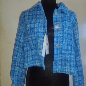 NWT Zara Blue/White  Plaid Tweed Cropped Blazer w/Rhinestone Buttons. M